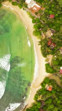 Palmiye ağaçlarının arasındaki göldeki Hiriketiya plajının en üst görüntüsü. Sri Lanka.