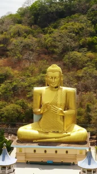 Luchtfoto Drone Van Standbeeld Van Goudene Boeddha Een Berg Boeddhist — Stockvideo
