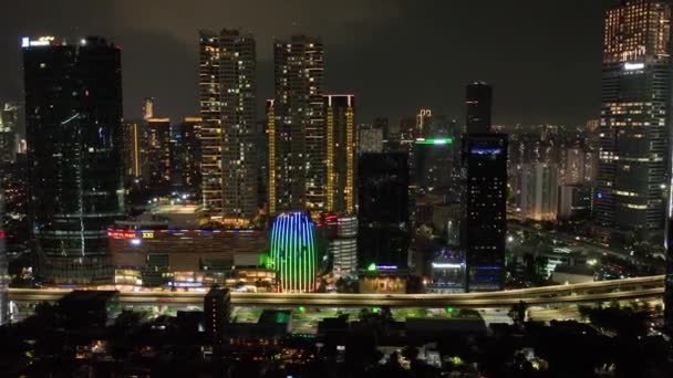 Jakarta Indonesia October 2022 Aerial Drone Highway Skyscrapers Jakarta Night — Stock Video