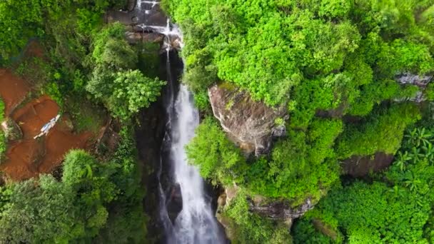 瀑布落在斜坡上 有茶园和农田 兰博达瀑布 — 图库视频影像