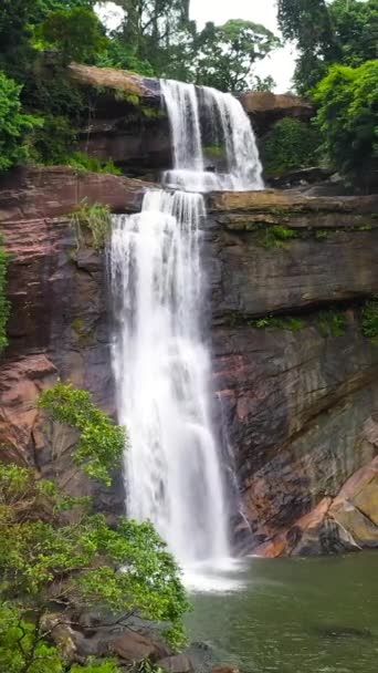 高山峡谷中被丛林包围的热带瀑布 Thaliya Wetuna Falls 斯里兰卡 垂直录像 — 图库视频影像