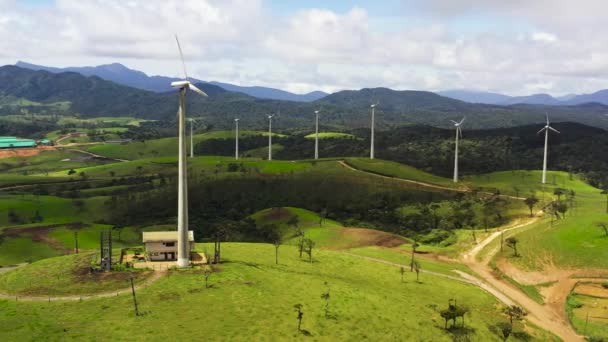 一群风力涡轮机在绿色的牧场和山丘之间 风力发电厂 Ambewela 斯里兰卡 — 图库视频影像
