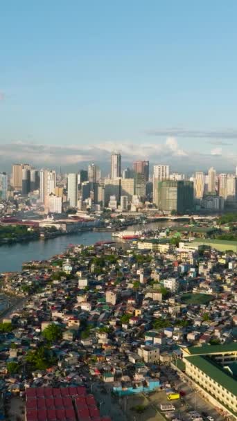Flygdrönare Panorama Över Staden Manila Med Skyskrapor Och Hamnområdet — Stockvideo