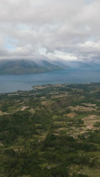 サモシール島と鳥羽湖の農地の空中観察 インドネシア スマトラ バーティカルビデオ — ストック動画
