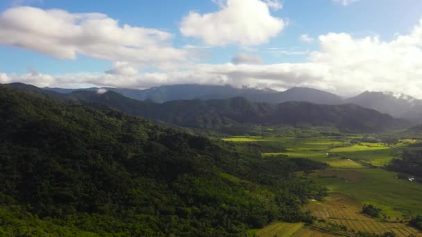 Uitzicht Vanuit Lucht Berghellingen Met Regenwoud Een Bergdal Met Landbouwgrond — Stockvideo