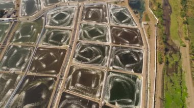 Karides çiftliği, karides çiftliği ve havalandırma pompalı okyanus yakınında oksijen suyu. Balık, karides ve diğer deniz ürünleri yetiştiren göletli balık çiftliği. Balık kuluçka göleti havadan görünüşlü su kültürü.