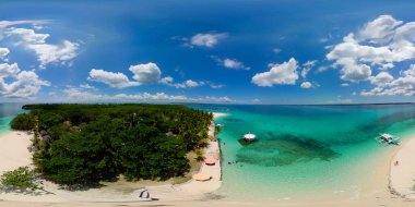 Sandy beach on a tropical island with palm trees. Virgin island, Philippines. 360 panorama VR. clipart