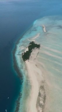 Tropik bölgelerde kristal berraklığında su bulunan tropik bir sahil. Tun Sakaran Deniz Parkı. Borneo, Sabah, Malezya. Dikey video.