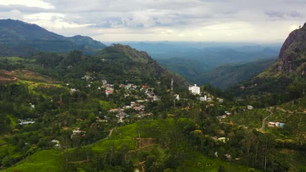 エラの空中ビューは 茶農園や農地と緑の丘に囲まれています スリランカ — ストック動画