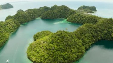 Yağmur ormanları ve ormanlarla çevrili berrak mavi suları olan göller ve koylar. Sugba Gölü, Siargao, Filipinler. Yaz ve seyahat tatil konsepti.