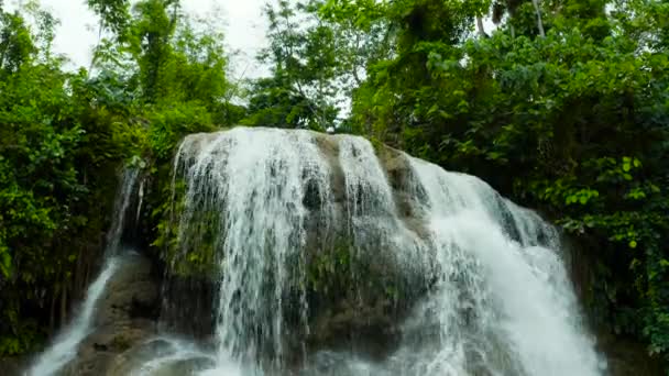 Cascata Lusno Cai Floresta Profunda Drone Aéreo Cachoeira Selva Tropical — Vídeo de Stock