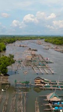 Nehirde kafesleri ve ağları olan bir balık çiftliği. Balıkçı köyü Hinigaran Nehri. Zenciler, Filipinler