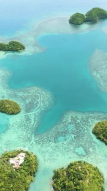 Gölün turkuaz suyundaki adaların havadan görünüşü. Tropik bölgelerde deniz manzarası. Sipalay, Zenciler, Filipinler.