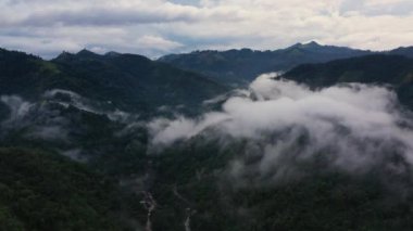 Karanlık çöktüğünde bulutlarla ve sislerle kaplı ormanlı dağların hava aracı..