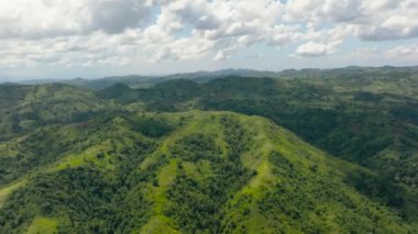 Pirinç tarlalarının ve dağların arasındaki tarım arazilerinin havadan görünüşü. Zenciler, Filipinler