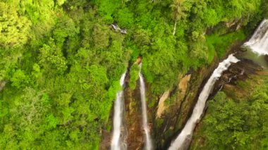 Yeşil bitki örtüsüyle çevrili tropikal bir ormandaki Şelale manzarası. Dağ ormanında Puna Ella Şelalesi. Sri Lanka.