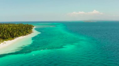 Kumsal ve tropikal ada, mercan kayalıkları, üst manzara. Kumlu Patongong Adası. Yaz ve seyahat tatil konsepti.