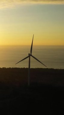 Kıyı şeridinde bir grup rüzgar türbini. Rüzgar santrali. Filipinler.