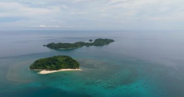 Plajı ve mavi denizi olan tropikal adaların insansız hava aracı. Agutaya ve Danjugan adaları, Filipinler.