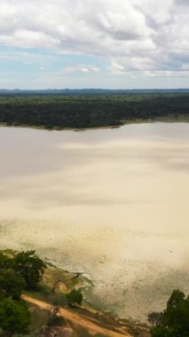 Ulusal parktaki tropikal orman ve ormanla çevrili göl manzarası. Sri Lanka.