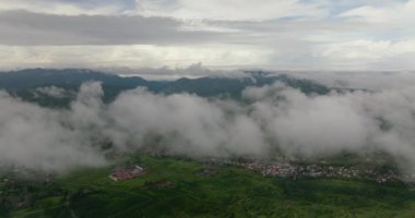 Sumatra 'nın dağlık bir bölgesindeki yeşil çay tarlalarının havadan görünüşü. Çay evi manzarası. Kayu Aro, Endonezya.