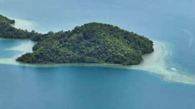 Adanın ve turkuaz suyla mercan adasının havadan görünüşü. Tropik bölgelerde deniz manzarası. Borneo, Sabah, Malezya.