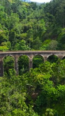Nine Arches Bridge Demodara 'nın hava görüntüsü Sri Lanka' daki ikonik köprülerden biridir. Ella kasabası. Dikey video.