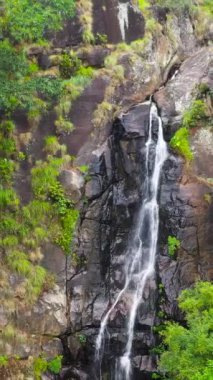 Waterfall among tropical jungle with green plants and trees. Bambarakanda Falls. Sri Lanka.