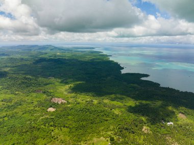 Top view of island with jungle and blue sea. Seascape in the tropics. Balabac, Palawan. Philippines.