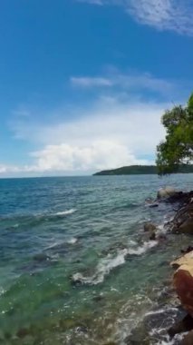 Tropikal bir adada kumsal. Borneo, Malezya. Mamutik Sahili. Dikey video.