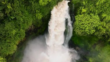 Yağmur ormanlarındaki şelale yavaş çekimde. Telun Berasap dağ ormanında. Sumatra, Jambi, Endonezya.