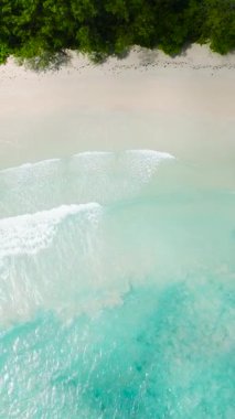 Turkuaz sular yemyeşil bitki örtüsü ve kumsalla çevrili. Büyük Anse. Seyşeller, Mahe.