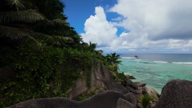 Okyanusta dalgaların koptuğu kayalık bir sahil şeridi boyunca yoğun tropikal bitki örtüsü. Seyşeller, La Digue.