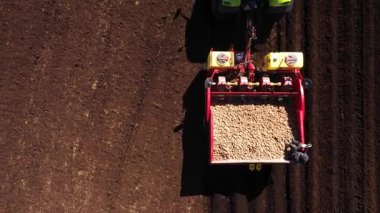 Bahar mevsiminde patates hasadı kullanarak patates ekmek. Tarım kavramı.