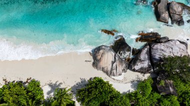 El değmemiş beyaz kumlu sahil, kıyı boyunca yemyeşil ağaçlarla kaplı turkuaz denizle buluşuyor. Baie Lazare. Seyşeller, Mahe.