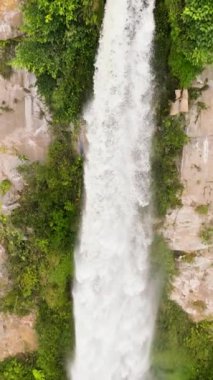 Yağmur ormanlarındaki Sipiso Piso şelalesinin en üst manzarası. Tropik Şelaleler ağır çekimde. Sumatra, Endonezya. Dikey video.