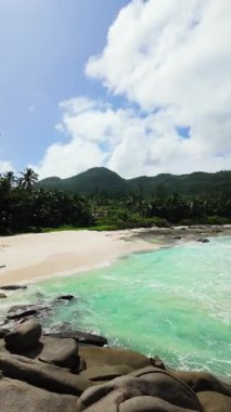 Bereketli palmiye ağaçları ve dağlarla çevrili turkuaz suyu olan el değmemiş bir sahil. Seyşeller, Mahe.