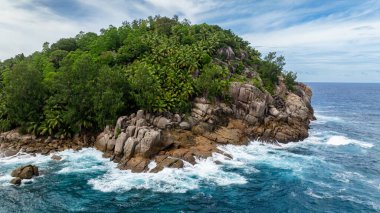 Yoğun yeşillikle kaplı tropik bir yamaç, kayalara çarpan dalgalarla turkuaz okyanusa iner. Seyşeller, Mahe.