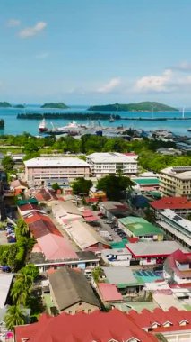Limanı, gemileri ve açık bir gökyüzünün altında çevreleyen yeşil dağları olan şehir manzarası. Victoria mı? Seyşeller, Mahe.