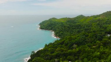 Kıyı şeridi boyunca yemyeşil tepeler ve ufka doğru uzanan okyanuslar. Seyşeller, Praslin.