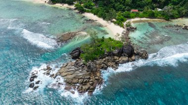 Yumuşak beyaz kumları, yemyeşil bitkileri ve berrak mavi suları olan bir sahil. Seyşeller, Mahe.