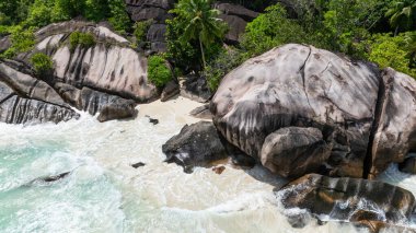 Bereketli yeşil ormanlarla çevrili, granit kayaları ve turkuaz suyu olan tropik bir sahil. Seyşeller, Mahe. Roche Copra.