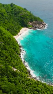 Turkuaz körfez yoğun tropikal ormanlar ve kumlu plajlarla çevrili. Seyşeller, Mahe.