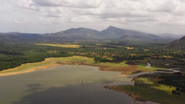 Tropikal bitkilerin arasında bir vadide bir göl. Sri Lanka 'daki Kandalama Barajı.