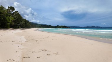 Turkuaz sular ve yemyeşil bitki örtüsüyle çevrili kıyı şeridi boyunca uzanan manzaralı tropik bir sahil. Büyük Anse. Seyşeller, Mahe.
