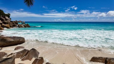 Berrak turkuaz suyu, palmiye ağaçları ve mavi gökyüzünün altında yumuşak beyaz kumu olan sahili. Seyşeller, Praslin. Anse Georgette.