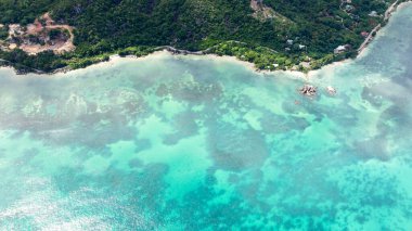 Kristal berraklığında turkuaz suların yoğun orman ve kumlu plajlarla çevrili huzurlu bir koy. Praslin, Seyşeller..