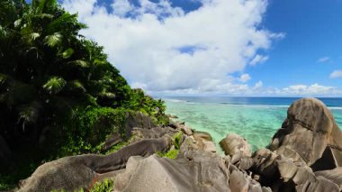 Parlak bir gökyüzünün altındaki berrak mavi okyanusa bakan yemyeşil palmiye ağaçlarıyla yükselen granit kayalıklar. Seyşeller, La Digue.