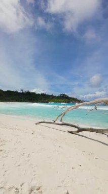 Bereketli yeşillik ve berrak turkuaz okyanus sularıyla çevrili büyük kaya oluşumları olan beyaz kumlu bir sahil. Anse Cocos. Seyşeller, La Digue.