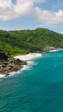 Tropik kumlu sahil ve mavi deniz. Seyşeller, Mahe. Anse Petit Boileau.